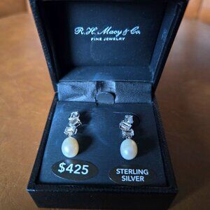 R H Macy & Co 7mm Pearl Earrings Sterling Silver NWT